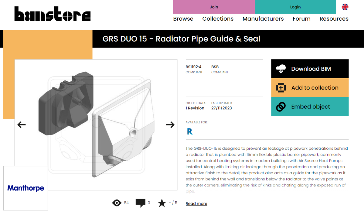 BIM Model Available for GRSDUO15 Radiator Pipe Guide & Seal Manthorpe